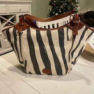 Dooney & Bourke Cream and Black Striped Canvas Tote with Brown Leather Trim